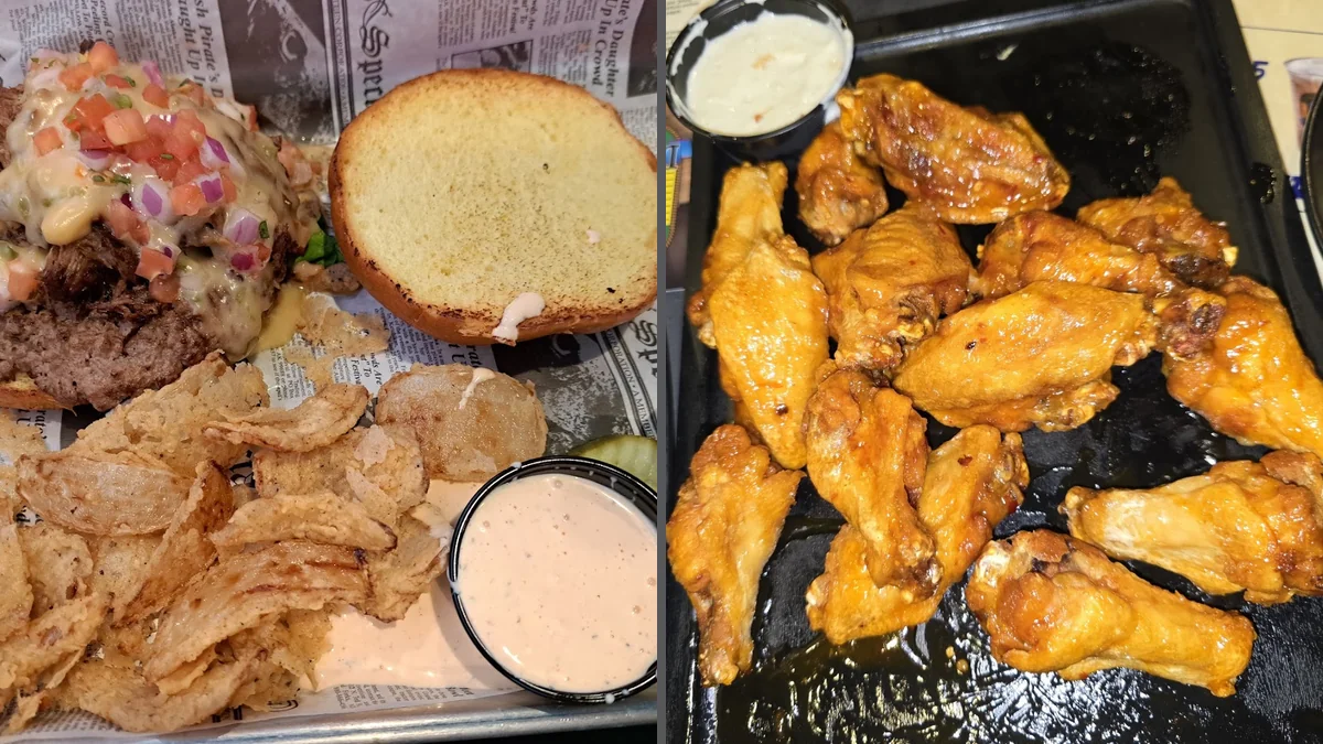 Shared plates on a restaurant table.