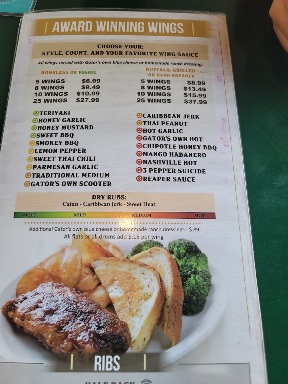 Printed menu listing American bar food.